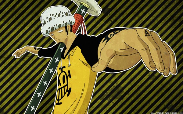 Anime picture 1920x1200 with one piece toei animation trafalgar law ala21ddin21 highres short hair black hair wide image tattoo spread arms striped striped background sidewhiskers hat sword