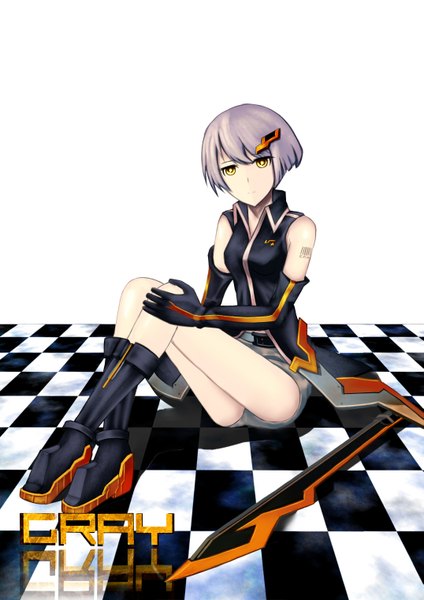 Anime picture 2149x3039 with black rock shooter nana gray tall image looking at viewer highres short hair yellow eyes purple hair inscription checkered floor girl gloves weapon sword elbow gloves shorts boots