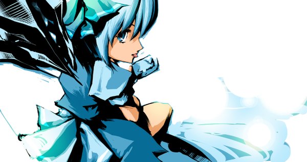 Anime picture 1209x642 with touhou cirno dain single short hair blue eyes wide image white background sitting blue hair profile from behind :p girl food sweets tongue ice cream