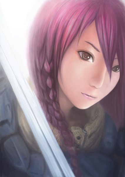 Anime picture 2953x4169 with original occult soda single long hair tall image highres brown eyes pink hair braid (braids) realistic face girl weapon sword