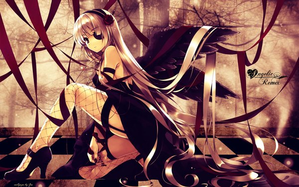 Anime picture 1920x1200 with misaki kurehito single long hair highres wide image sitting bare shoulders black wings checkered floor girl thighhighs dress ribbon (ribbons) hairband eyepatch fishnet stockings