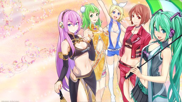Anime picture 1920x1080 with vocaloid hatsune miku megurine luka kagamine rin gumi meiko long hair highres short hair open mouth blue eyes smile red eyes brown hair wide image multiple girls pink hair green hair midriff girl