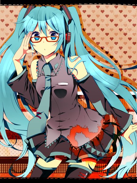 Anime picture 1200x1600 with vocaloid hatsune miku tamana (artist) single long hair tall image blue eyes twintails bare shoulders aqua hair adjusting glasses bespectacled girl skirt detached sleeves miniskirt glasses necktie