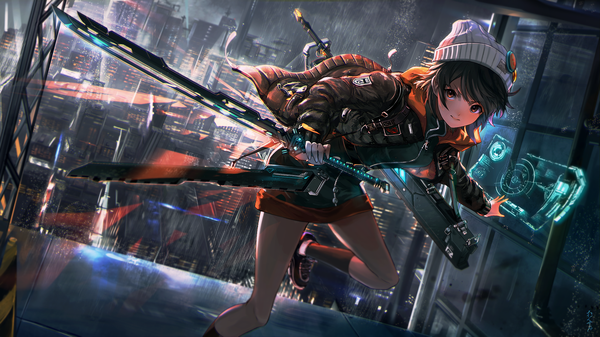 Anime picture 2000x1125 with original i-ron single blush fringe highres short hair black hair hair between eyes wide image standing holding brown eyes looking away outdoors night open jacket outstretched arm city standing on one leg