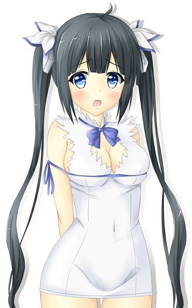 Anime picture 560x900 with dungeon ni deai wo motomeru no wa machigatteiru darou ka j.c. staff hestia (danmachi) tear yu single long hair tall image blush fringe breasts open mouth blue eyes light erotic black hair simple background white background twintails cleavage rei no himo girl