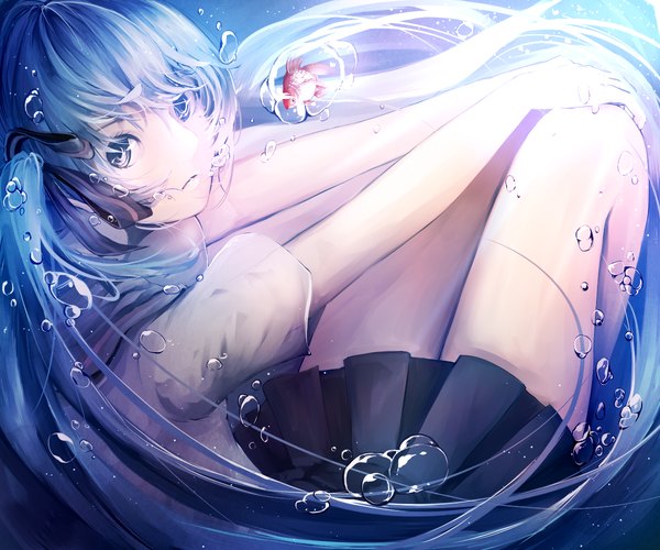 Anime picture 1200x1000 with vocaloid hatsune miku bottle miku ryota (ry o ta) long hair looking at viewer blue eyes twintails blue hair underwater girl skirt ribbon (ribbons) hair ribbon miniskirt serafuku bubble (bubbles) fish (fishes)