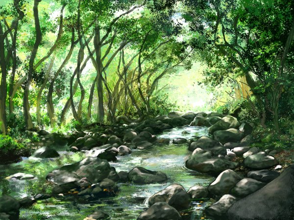 Anime picture 1024x768 with sahato no people landscape plant (plants) tree (trees) water leaf (leaves) forest stone (stones)