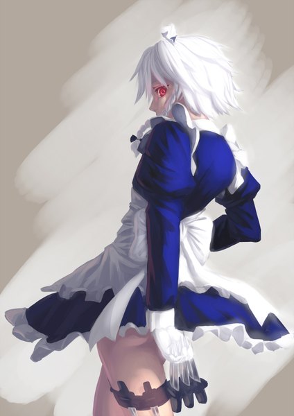 Anime picture 1240x1754 with touhou izayoi sakuya jiucai single tall image looking at viewer short hair red eyes standing holding ass braid (braids) looking back maid back girl gloves bow weapon hair bow