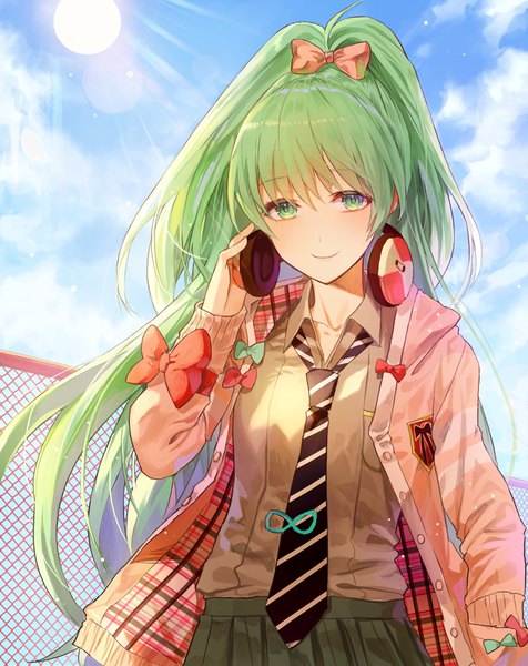 Anime picture 1000x1261 with project diva vocaloid hatsune miku kim eb single long hair tall image looking at viewer fringe smile hair between eyes green eyes cloud (clouds) upper body outdoors ponytail green hair hand in pocket headphones around neck hand on headphones