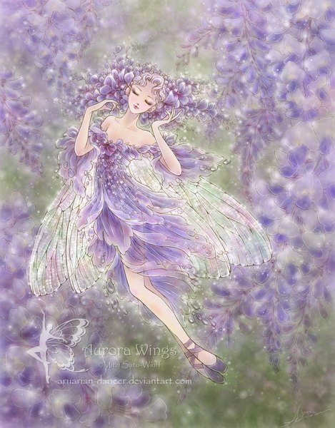 Anime picture 900x1150 with original aruarian-dancer single tall image bare shoulders silver hair purple hair eyes closed hair flower flying transparent fairy girl dress hair ornament flower (flowers) wings wisteria
