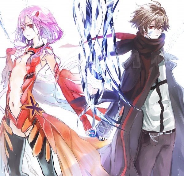 Anime picture 1378x1324 with guilty crown production i.g yuzuriha inori ouma shu pikeish (artist) long hair short hair black hair red eyes pink hair couple holding hands center opening girl thighhighs boy navel hair ornament black thighhighs detached sleeves