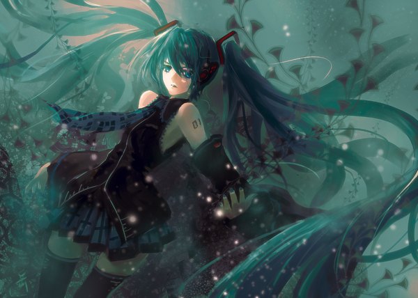 Anime picture 1000x714 with vocaloid hatsune miku archlich long hair twintails nail polish aqua eyes green hair underwater girl thighhighs skirt plant (plants) detached sleeves miniskirt necktie headphones