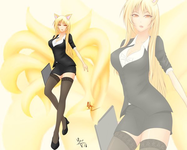 Anime picture 1280x1024 with league of legends ahri (league of legends) ryu seung (artist) single long hair breasts open mouth blonde hair large breasts animal ears orange eyes girl thighhighs black thighhighs shoes