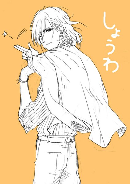 Anime picture 635x900 with uta no prince-sama a-1 pictures jinguji ren zkakq single tall image fringe short hair simple background looking back hair over one eye piercing text monochrome ear piercing twisty sleeves orange background lineart boy shirt
