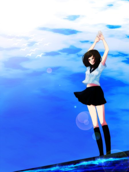 Anime picture 1800x2400 with original memai single tall image highres short hair black hair cloud (clouds) black eyes stretch girl skirt miniskirt socks black socks