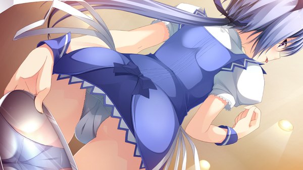 Anime picture 1920x1080 with berry's satou haruki kokonobi single long hair highres light erotic wide image purple eyes game cg purple hair ass ponytail profile from behind from below dutch angle cameltoe :p upskirt