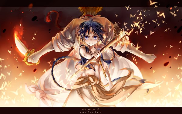 Anime picture 1440x906 with magi the labyrinth of magic a-1 pictures aladdin (magi) ali baba saluja instockee long hair short hair blue eyes blonde hair blue hair from behind inscription magic single braid back to back boy weapon insect butterfly bandage (bandages)
