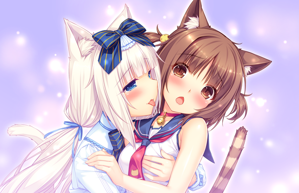 Anime picture 1580x1020 with neko paradise neko works (studio) vanilla (nekopara) azuki (sayori) sayori long hair blush fringe short hair open mouth blue eyes light erotic brown hair twintails multiple girls brown eyes animal ears payot white hair tail