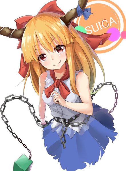 Anime picture 1432x1949 with touhou ibuki suika kurokin single long hair tall image looking at viewer blush simple background smile red eyes white background horn (horns) orange hair sleeveless character names girl skirt bow hair bow