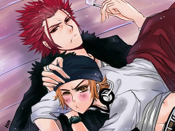 Anime picture 1024x768 with k-project gohands (studio) mikoto suoh misaki yata looking at viewer blush short hair red eyes brown hair brown eyes red hair one eye closed wink multiple boys smoking boy headphones 2 boys cap cigarette