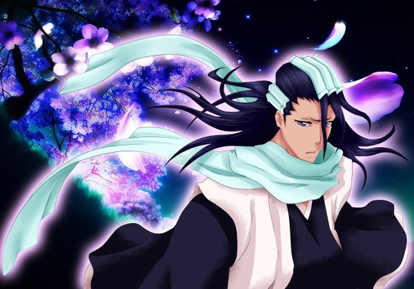 Anime picture 5511x3858 with bleach studio pierrot kuchiki byakuya gone-phishing single long hair highres purple eyes absurdres purple hair japanese clothes coloring cherry blossoms light boy plant (plants) petals tree (trees) kimono scarf