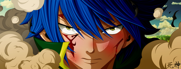 Anime picture 3416x1320 with fairy tail jellal fernandes thecarrotsaysyumyum single highres short hair wide image yellow eyes blue hair sky cloud (clouds) tattoo coloring facial mark close-up face dust boy plant (plants) tree (trees)