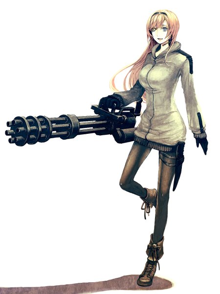 Anime picture 1200x1600 with original nicole pmonachi single long hair tall image open mouth simple background white background orange hair shadow heterochromia lacing girl gloves weapon pantyhose boots headphones gun microphone
