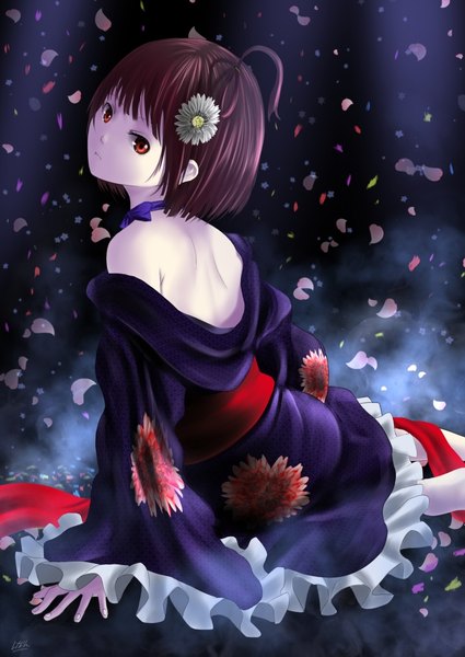 Anime picture 765x1079 with koutetsujou no kabaneri wit studio mumei (kabaneri) kein single tall image looking at viewer short hair red eyes brown hair sitting bare shoulders long sleeves traditional clothes head tilt japanese clothes looking back hair flower from behind off shoulder
