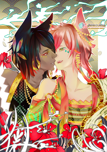 Anime picture 800x1130 with original shinkami tall image short hair black hair smile red eyes bare shoulders animal ears yellow eyes pink hair aqua hair couple dark skin happy face to face face paint almost kiss boy flower (flowers)