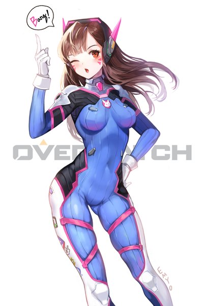Anime picture 1500x2253 with overwatch blizzard entertainment d.va (overwatch) emyo single long hair tall image looking at viewer fringe highres breasts open mouth simple background brown hair white background brown eyes signed one eye closed wink :o