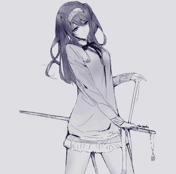Anime picture 2500x2467 with original aoi ogata single long hair looking at viewer highres blue eyes simple background holding signed head tilt light smile monochrome partially colored girl skirt weapon sword hairband katana