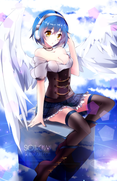 Anime picture 776x1200 with original phyrnna (squadra) squchan single tall image blush short hair bare shoulders yellow eyes blue hair sky cloud (clouds) sunlight :o angel wings underbust girl thighhighs skirt black thighhighs