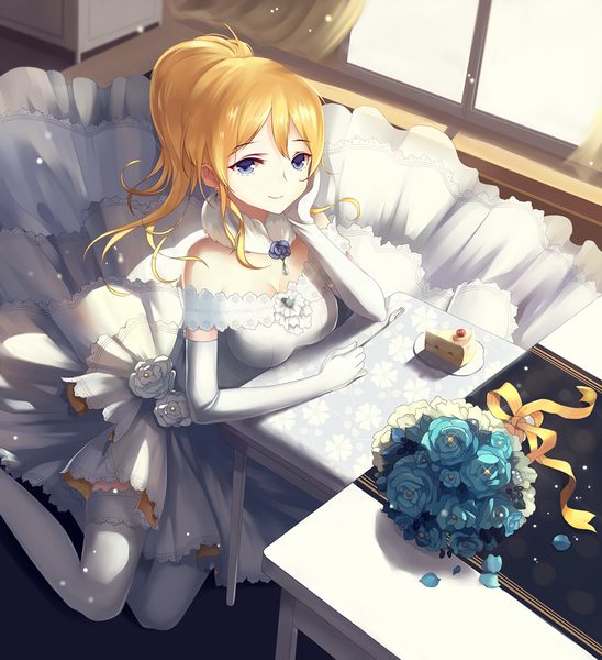 Anime picture 1000x1094 with love live! school idol project sunrise (studio) love live! ayase eli xiao jing single long hair tall image looking at viewer fringe breasts blue eyes blonde hair bare shoulders cleavage ahoge bent knee (knees) indoors sunlight arm support