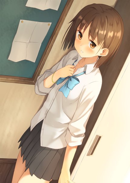 Anime picture 1000x1399 with original kinta (distortion) single tall image blush fringe short hair brown hair standing brown eyes looking away pleated skirt from above girl skirt bow shirt white shirt bowtie blackboard