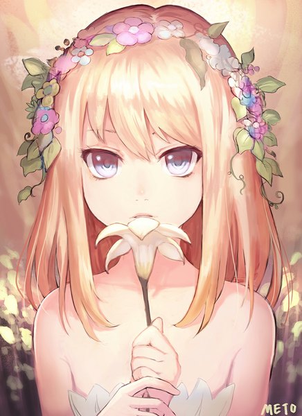 Anime picture 800x1099 with original meto31 single long hair tall image looking at viewer fringe blue eyes blonde hair bare shoulders holding signed upper body parted lips hair flower blurry grey eyes multicolored eyes girl flower (flowers)