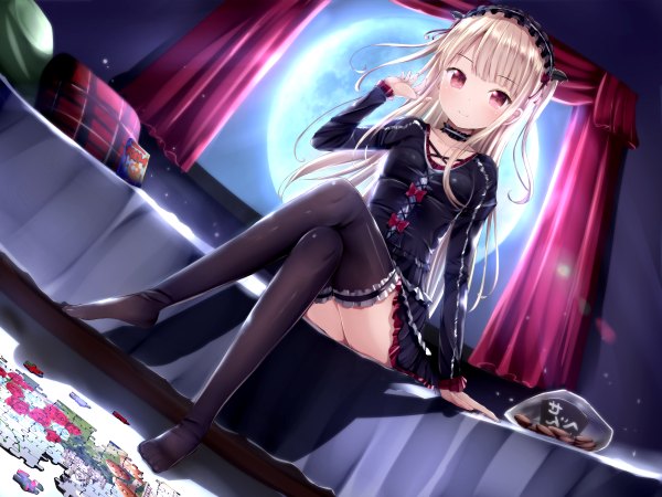 Anime picture 4800x3600 with original morerin single long hair looking at viewer highres blonde hair red eyes absurdres white hair legs crossed legs girl thighhighs dress black thighhighs frills window bed moon