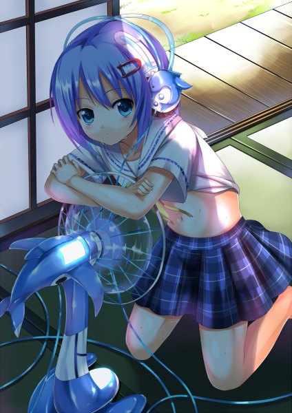 Anime picture 849x1200 with original koi (koisan) single tall image looking at viewer short hair blue eyes purple hair bare legs sweat dress lift girl skirt uniform hair ornament school uniform animal hairclip headphones wire (wires)