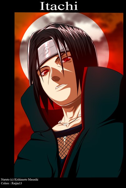 Anime picture 1024x1514 with naruto studio pierrot naruto (series) uchiha itachi raijin13 single tall image short hair black hair red eyes sky cloud (clouds) inscription coloring akatsuki sharingan boy cloak sun bandana