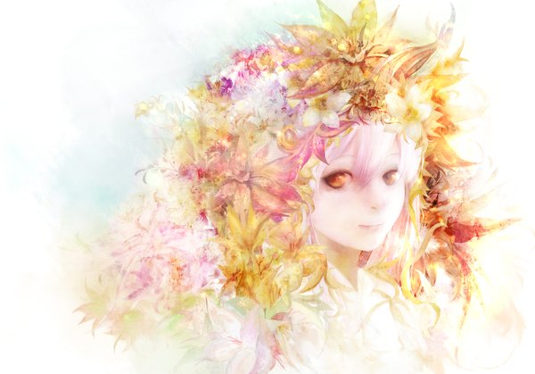 Anime picture 3543x2480 with original zhang xiao bo single long hair looking at viewer highres red eyes white background absurdres white hair hair flower lips girl flower (flowers)