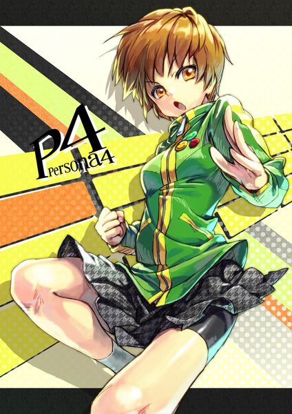 Anime picture 820x1160 with persona 4 persona satonaka chie ryuutetsu single tall image looking at viewer fringe short hair open mouth brown hair brown eyes bent knee (knees) shadow copyright name fighting stance girl uniform school uniform bike shorts