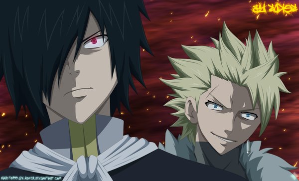 Anime picture 1706x1033 with fairy tail sting eucliffe rogue cheney naruto999-by-roker fringe highres short hair blue eyes black hair blonde hair smile wide image pink eyes hair over one eye coloring boy fur