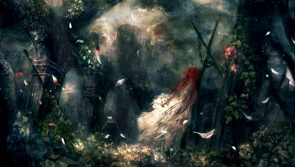 Anime picture 1000x567 with original 317/miiina (pixiv) single long hair wide image red hair sunlight landscape scenic ruins girl dress flower (flowers) plant (plants) animal petals bird (birds)