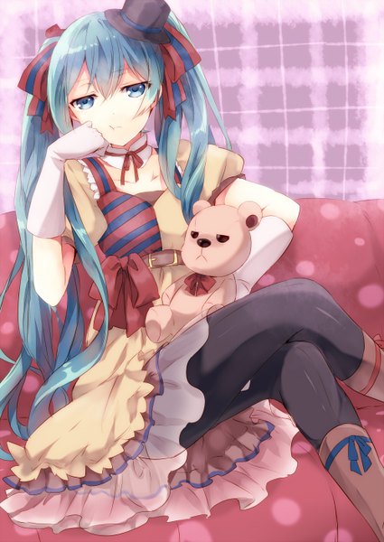 Anime picture 1000x1412 with vocaloid hatsune miku ennui heiwa miku maruki (punchiki) single long hair tall image looking at viewer twintails aqua eyes aqua hair crossed legs chin rest :t girl dress ribbon (ribbons) hat pantyhose black pantyhose