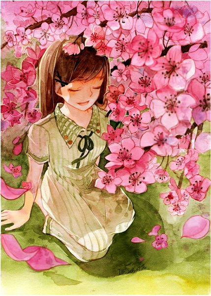 Anime picture 715x1000 with original mei (artist) single long hair tall image open mouth brown hair sitting eyes closed short sleeves cherry blossoms striped traditional media watercolor (medium) girl dress hair ornament flower (flowers) plant (plants) petals