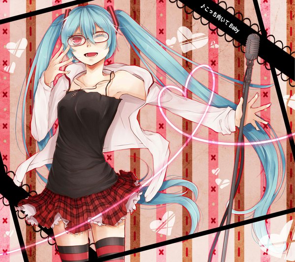 Anime picture 1150x1024 with vocaloid kocchi muite baby (vocaloid) hatsune miku shinkusora single open mouth red eyes twintails very long hair one eye closed wink aqua hair zettai ryouiki heart of string girl thighhighs skirt miniskirt heart striped thighhighs