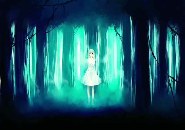 Anime picture 1300x918 with original yuwaf0 single long hair looking at viewer standing white hair barefoot aqua eyes dark background hands behind back fog girl dress tree (trees) white dress forest