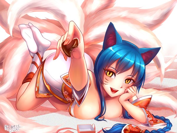 Anime picture 1500x1125 with league of legends ahri (league of legends) chen qi (chanseven) single long hair blush breasts open mouth light erotic animal ears yellow eyes blue hair tail braid (braids) animal tail facial mark multiple tails whisker markings girl dress