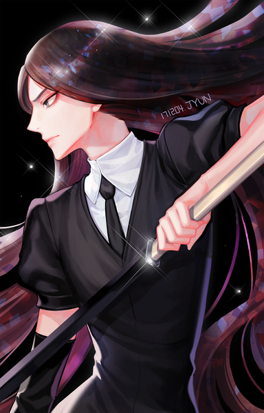 Anime picture 1500x2341 with houseki no kuni bort jyun (pixiv14105493) single long hair tall image black hair simple background signed looking away upper body profile black eyes sparkle puffy sleeves floating hair dated black background fighting stance androgynous