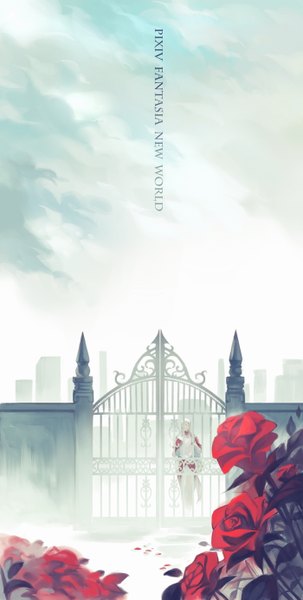 Anime picture 700x1386 with original pixiv fantasia pixiv fantasia new world joseph lee single long hair tall image standing sky cloud (clouds) white hair hand on hip gate girl flower (flowers) petals glasses rose (roses) building (buildings)