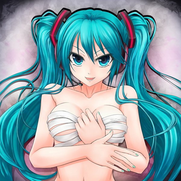 Anime picture 1000x1000 with vocaloid hatsune miku mugityax single long hair looking at viewer blush breasts open mouth light erotic smile twintails aqua eyes aqua hair girl headphones bandage (bandages)
